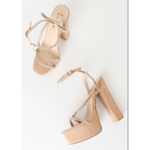LULU'S Sinia Light Nude Rhineston Platform High Heel Wrap Sandal Women's 10 - Picture 3 of 11